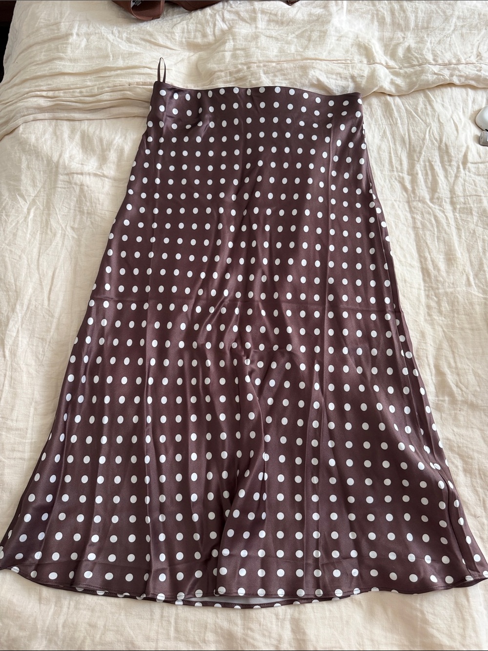 Quince 100% Silk Polka Dot Brown A-Line Midi Skirt - White Dot Print